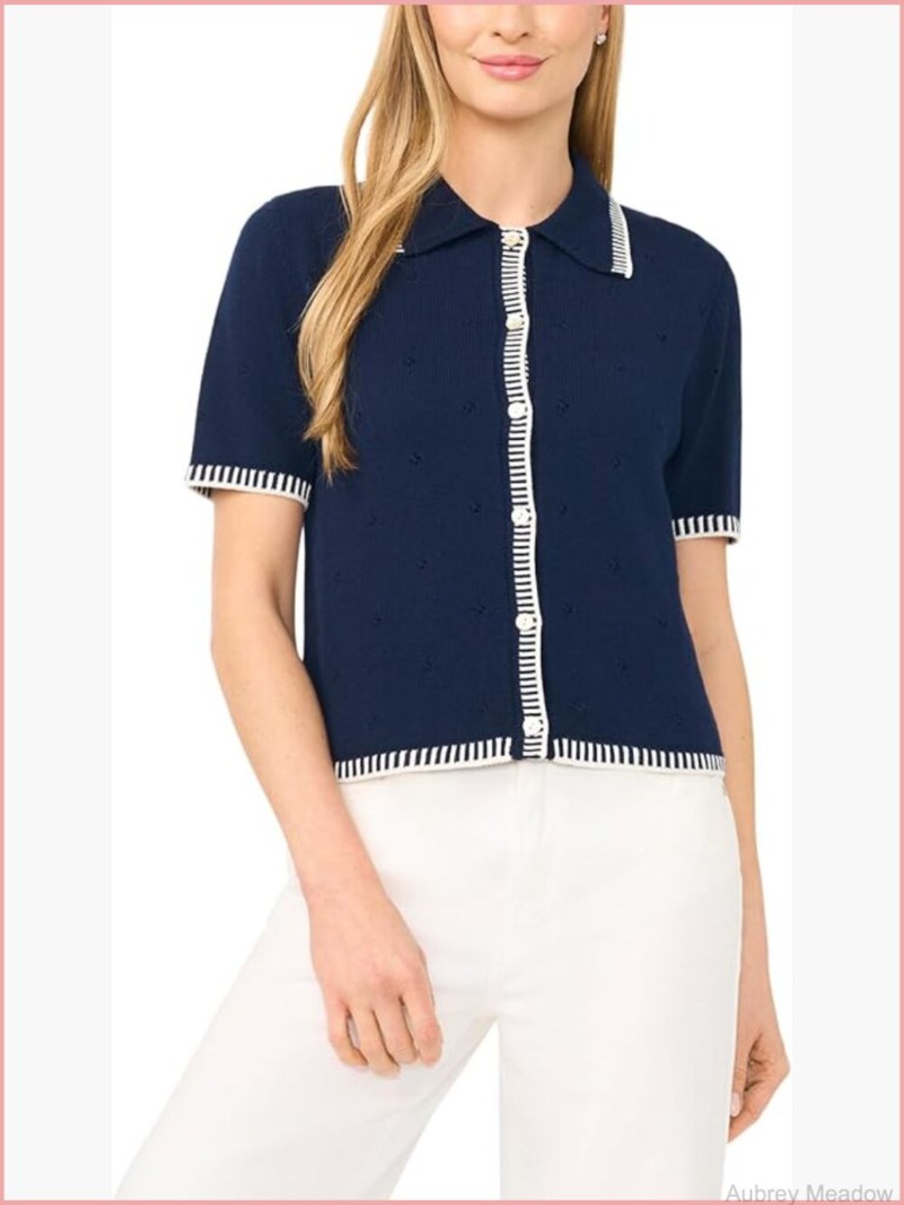 Whipstitch Pointelle Short Sleeve Collared Cardigan